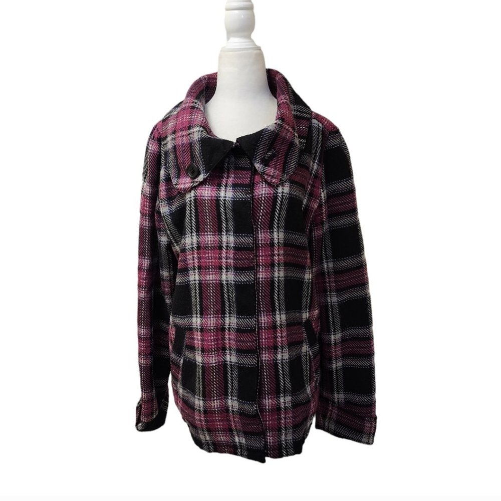Roxy Plaid Button Close Jacket Coat XL Purple/Black/White Polyester Blend